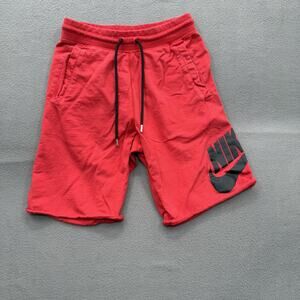 Nike Shorts Mens Small Red Fleece Raw Hem Drawstring Big Swoosh Logo Athletic